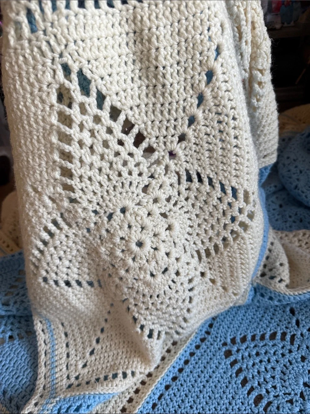 Hand Crafted Blue and Cream Crochet Star Patchwork Throw Blanket